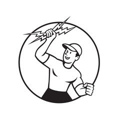Electrician Holding Up Lightning Bolt Circle Cartoon Black and White