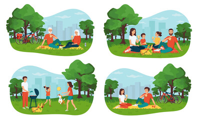 The concept of a happy family having a picnic in a city park spending time together outdoors. Young, adults, seniors, children with a picnic basket. Set of isolated cartoon vector illustrations.