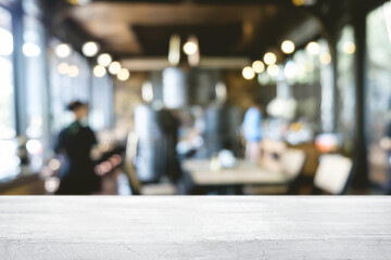 Empty wooden table space platform and blurred restaurant or coffee shop background for product display montage.