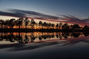 Naklejka premium stunningly beautiful view of the evening sky over a forest lake