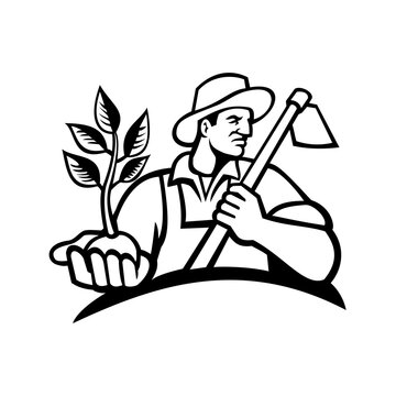 Organic Farmer Holding Plant and Grab Hoe Mascot Black and White