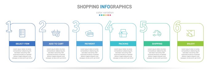 Concept of shopping process with 6 successive steps. Six colorful graphic elements. Timeline design for brochure, presentation, web site. Infographic design layout.