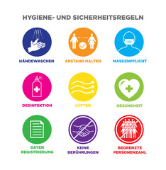 Icon set Iconset Hygiene und Sicherheit Regeln
Händewaschen Abstand halten Maskenpflicht Desinfektion lüften Gesundheit Datenregistrierung Handschlag Händedruck brühren begrenzte limitierte Personen