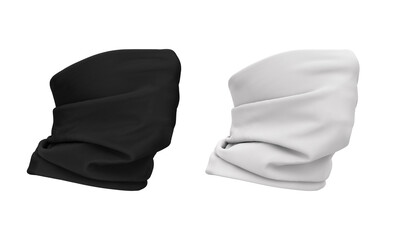 3d illustration of a buff wearing a face. Bandana, scarf, buff, neckscarf. 3d template in white and black color. Mockup for design, logo, branding. Option to wear a buff.