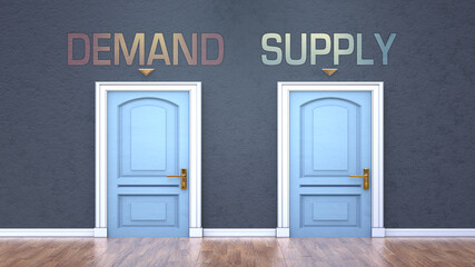 Demand and supply as a choice - pictured as words Demand, supply on doors to show that Demand and supply are opposite options while making decision, 3d illustration