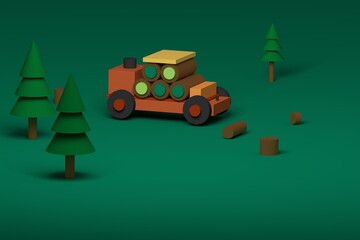 Toy truck with trees 3d rendering illustration