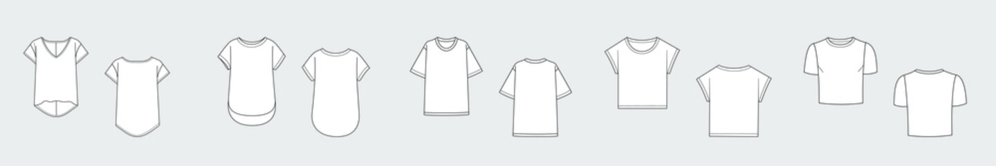 T-shirts, shirts, blouses. Set of female vector template isolated on a grey background. Front and back view. Outline fashion technical sketch of clothes model.