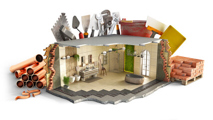 Part bathroom interior in front of tools, building equipment and copper pipes, 3d illustration