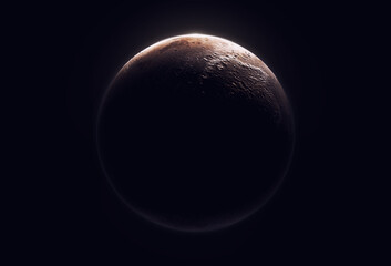 Small red planet, view from dark side, 3d render.