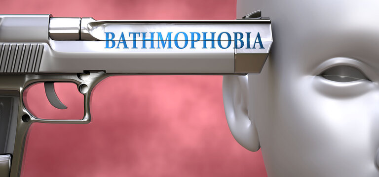 Bathmophobia can be dangerous for people - pictured as word Bathmophobia on a pistol terrorizing a person to show that it can be unsafe or unhealthy, 3d illustration