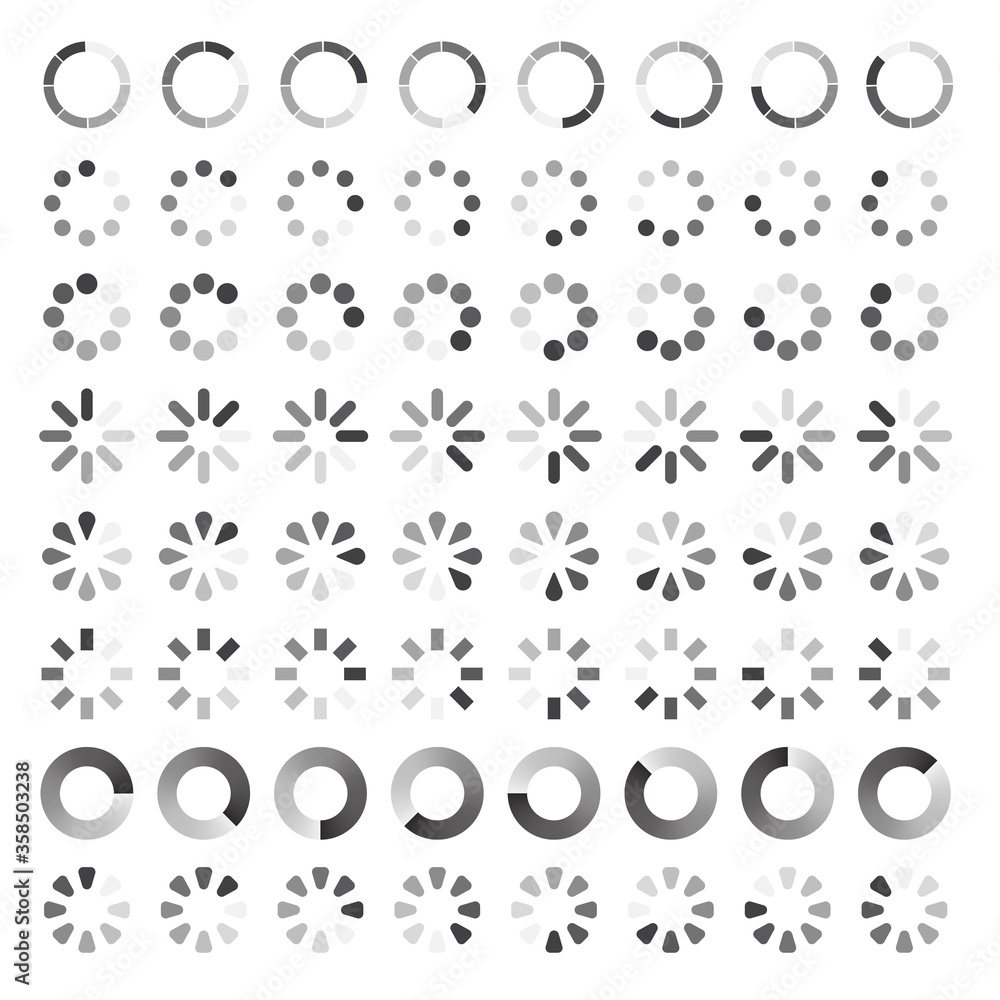 Poster circle progress loading bar set. load indicators collection. download or upload status icon