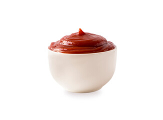 ketchup or tomato sauce isolated on white background. Isolated on white in perspective. Bowl with ketchup isolated on white background. Bowl of tomato sauce isolated on white background.