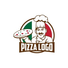 Emblem of funny cook or chef or baker with pizza and logo on background colors of the Italian flag. Monochrome and low color version. Children vector illustration.