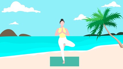 Obraz na płótnie Canvas Illustration of a girl doing yoga at the beach. Vector image, eps 10