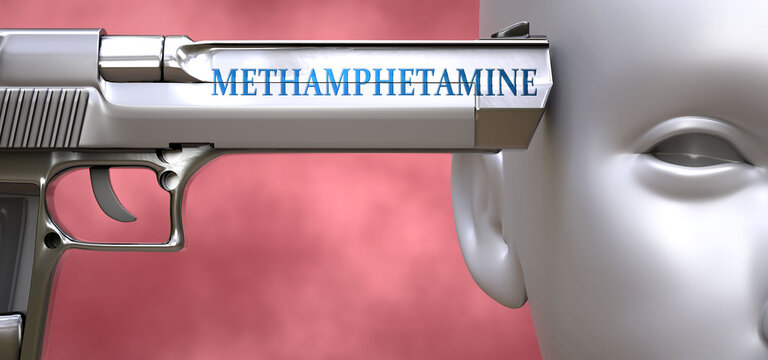 Methamphetamine can be dangerous - pictured as word Methamphetamine on a pistol terrorizing a person to show that it can be unsafe or unhealthy, 3d illustration