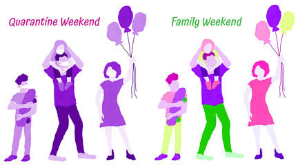 Family weekend in quarantine time, mother father and kids banner illustration