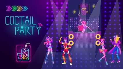 Coctail party in night disco club, people dance, bright neon light vector illustration. Dancing in disco music. Neon nightclub glowing vibes with electric lights in retro techno style.