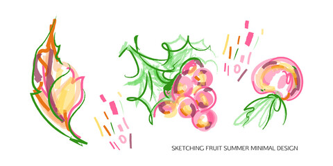 Set of creative universal doodles fruits on a white background isolated in bold art color. Fun design elements with marker and ink textures vector graphics