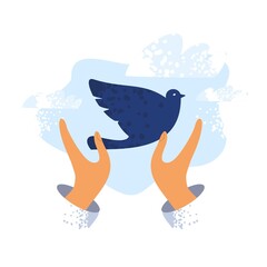Hands holding a blue bird against the sky with clouds drawn by hand in a flat style on a white background. The banner concept is about happiness, faith, hope, a beautiful future. Vector illustration.