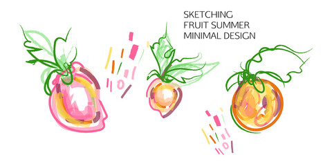 Set of creative universal doodles fruits on a white background isolated in bold art color. Fun design elements with marker and ink textures vector graphics
