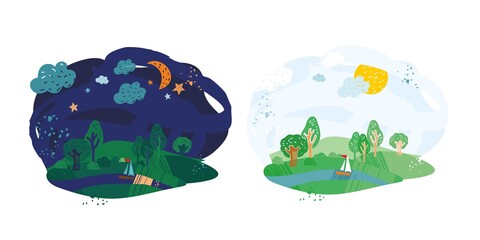 Night and day decorative summer landscapes with a river and a boat. Banner for adventures and travel in different times of the day. Template for a card for a children's camp. Vector illustration.