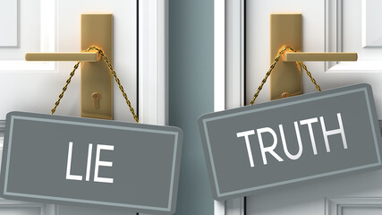 truth or lie as a choice in life - pictured as words lie, truth on doors to show that lie and truth are different options to choose from, 3d illustration