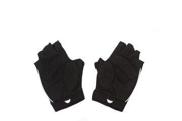 Guantes negros protectores para deporte y ciclismo sobre un fondo blanco liso y aislado. Vista superior. Copy space