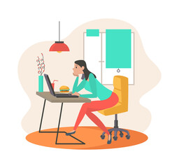 A woman in front of her laptop, vector design, work at home, freelancer