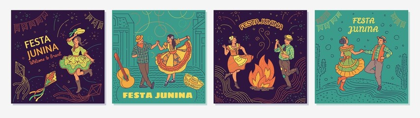 Set of Festa Junina cards with dancing people sketch vector illustration.