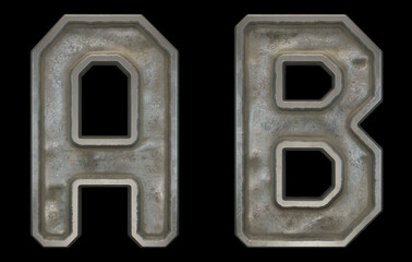 Set of capital letters A and B made of industrial metal on black background. 3d