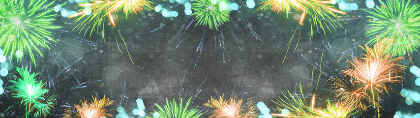Festive Silvester background banner panorama long- Green aquamarine turquoise yellow firework and...