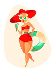 Cute retro girl in a red hat and swimwear. She is drinking a cocktail. Holiday art. Vector illustration. Cartoon style. Character Design.