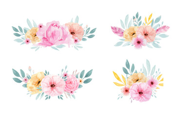 Hand drawn watercolor bouquet illustration. Isolated Botanical wreathes of green branches and flower leaves. Spring and summer mood. Wedding blossom Floral Design element