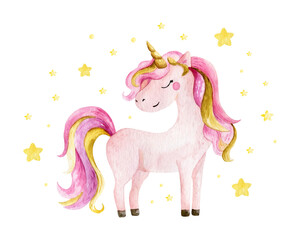 Isolated cute watercolor unicorn and stars clipart. Nursery unicorns illustration. Princess unicorns poster. Trendy pink cartoon horse. © iryna_boiko