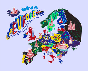 Illustrated  map of Europe. Landmarks and national symbols of the countries