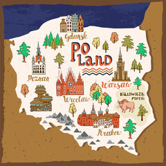 Illustrated map of Poland. Landmarks and national symbols of the country