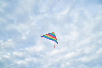 Young brunette woman, wearing casual clothes green t-shirt, playing with colorful kite on green field meadow in summer, running, jumping. Family leisure activity at natural rural landscape.