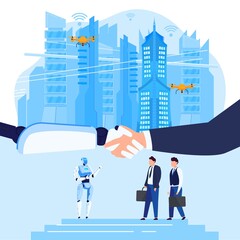 Robots in business future robotic technology, businessmans human hand shaking robots on futuristic cityscape flat vector illustration. Concept business automation system of artificial engineering.