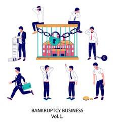 Business bankruptcy character set, vector flat isolated illustration. Desperate sad business people having financial problems, unpaid debts, chained up enterprise building. Business arrest.