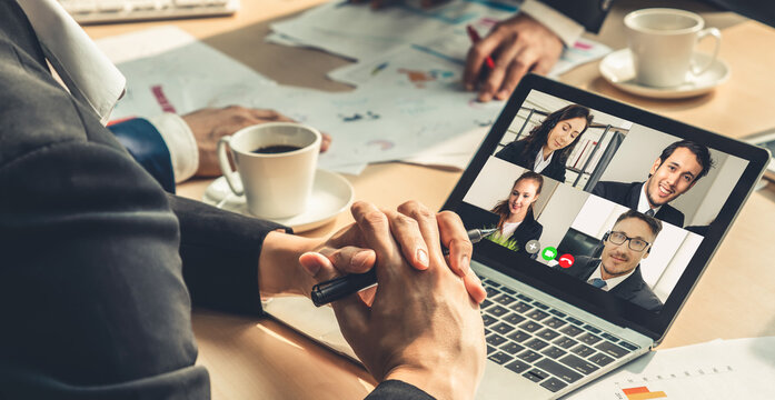 Video Call Group Business People Meeting On Virtual Workplace Or Remote Office