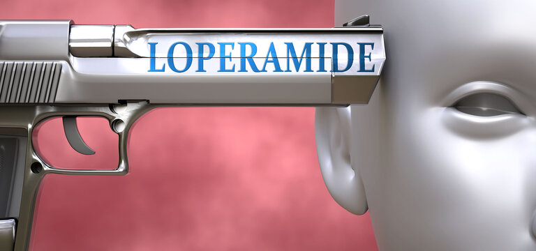 Loperamide can be dangerous or deadly for people - pictured as word Loperamide on a pistol terrorizing a person to show that Loperamide can be unsafe for mental or physical health, 3d illustration