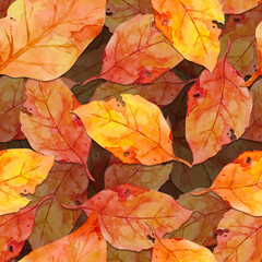 Naklejka na ściany i meble Golden fall leaves seamless pattern in watercolor style. Autumn background. Flat lay, top view.