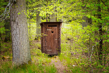 beautiful wooden professionally repaired outhouse in a green forest serves as a toilet in nature - 358509401