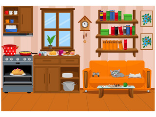 Modern interior of the kitchen living room. Vector interior of the Studio room.