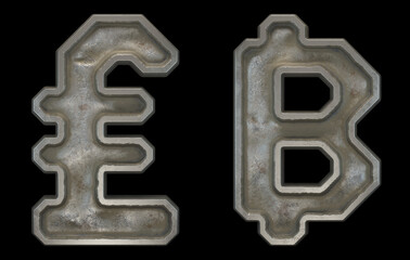 Set of symbols lira and baht made of industrial metal on black background 3d