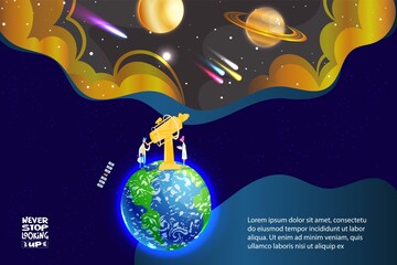 Space science vector illustration. Cartoon flat scientist astronomer characters studying space universe, planets or sputniks with telescope in observatory on Earth, lettering never stop looking up