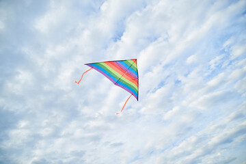Young brunette woman, wearing casual clothes green t-shirt, playing with colorful kite on green field meadow in summer, running, jumping. Family leisure activity at natural rural landscape.