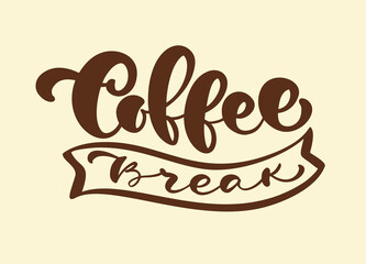 Hand drawn calligraphy lettering Coffee Break Hipster Vintage Stylized Lettering isolated on brown background. Vector phrase on the theme of coffee is hand-written for restaurant, cafe menu or banner