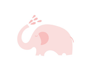 Fototapeta premium Cute pink elephant with with water drops. Scandinavian style. Baby illustration kids nursery art poster