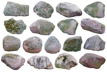 Large granite boulders overgrown with moss with lichen and grass isolated set